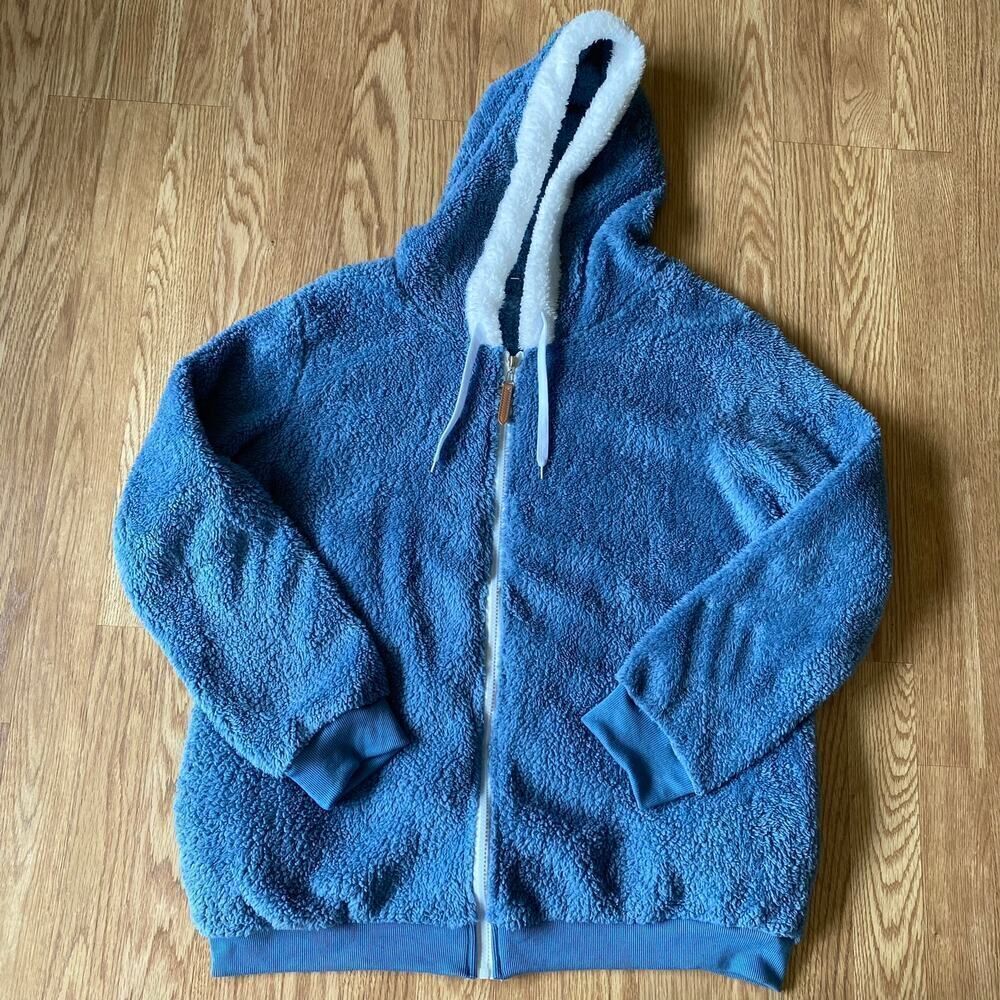 Full Zipper Fuzzy Sweatshirt Blue White Large
